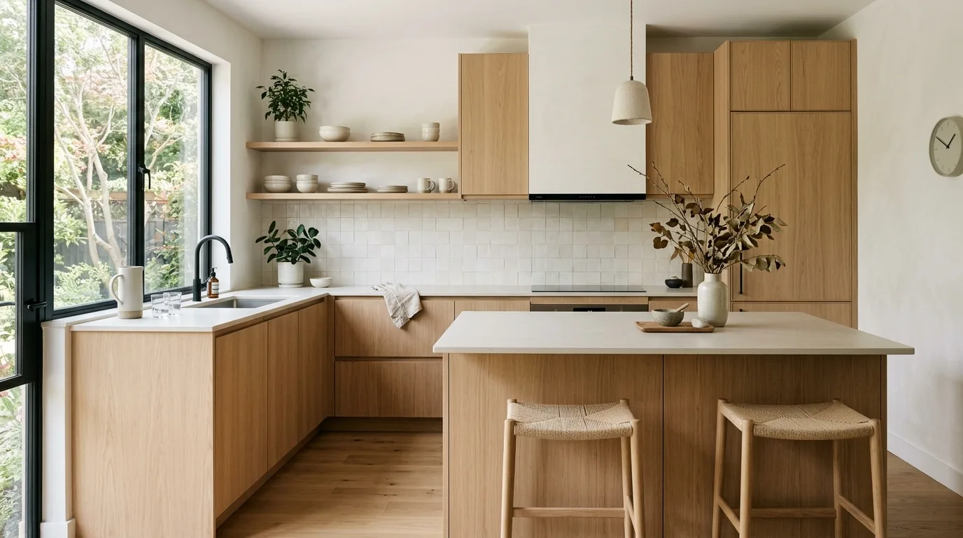 Keep the lighting diffused and calm inspiration for a Japandi home interior.